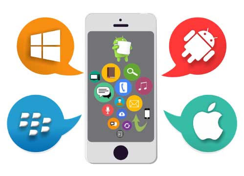 Isometric illustration of Android and iOS app development